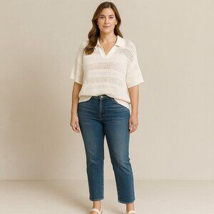 JOIE Crochet Open Knit Short Sleeve Polo Collared White Sweater Womens 1X Casual